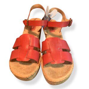 Red Leather Wedge Sandals With Cork Sole & Adjustable Ankle Strap